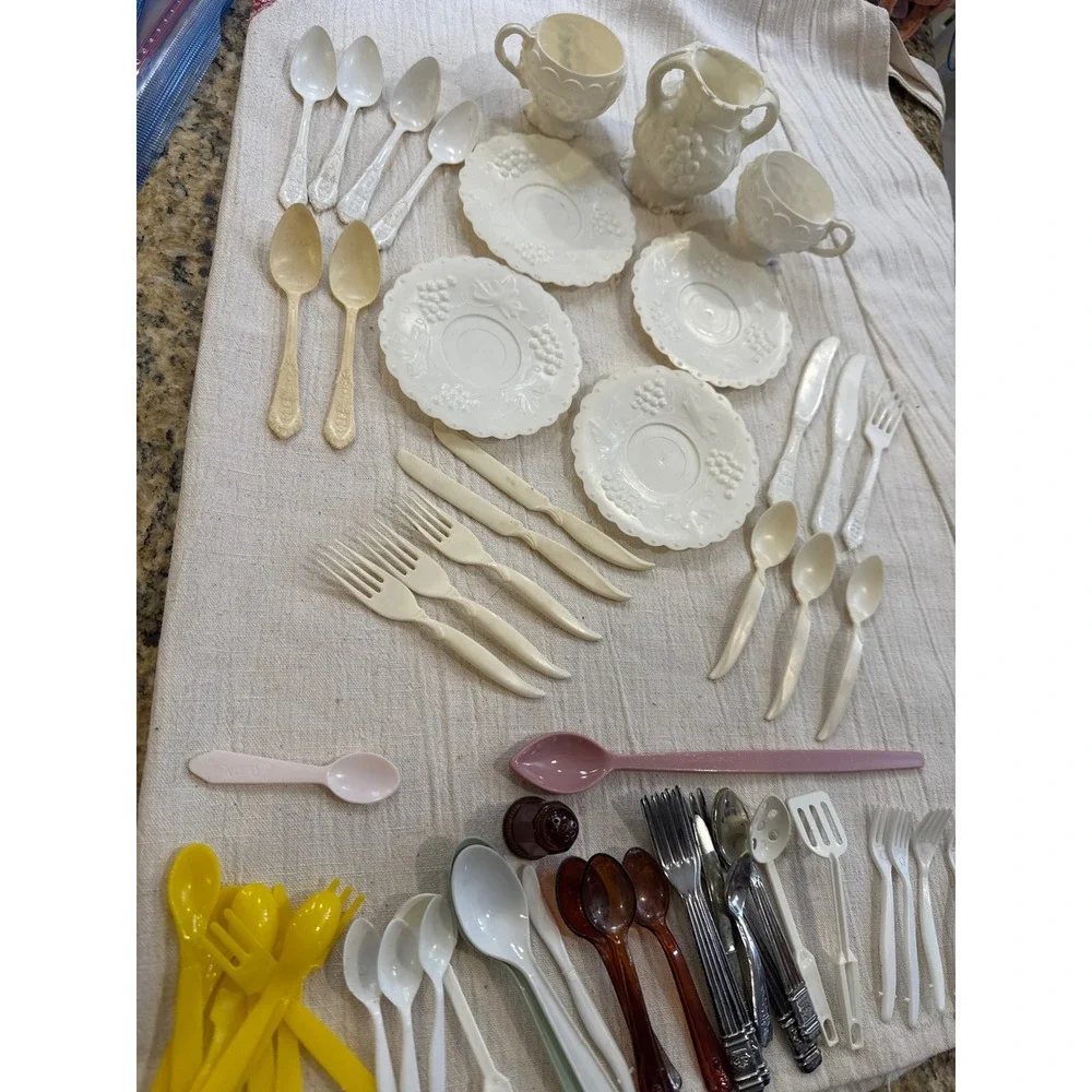 Vintage Toy Tea Set and Play Kitchen Utensils Lot Grape Pattern Plastic Retro